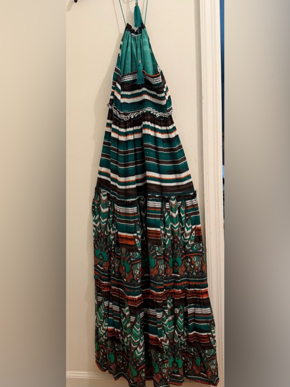 Umgee Halter Dress Teal, Black & White Striped Halter Boho Tiered Maxi